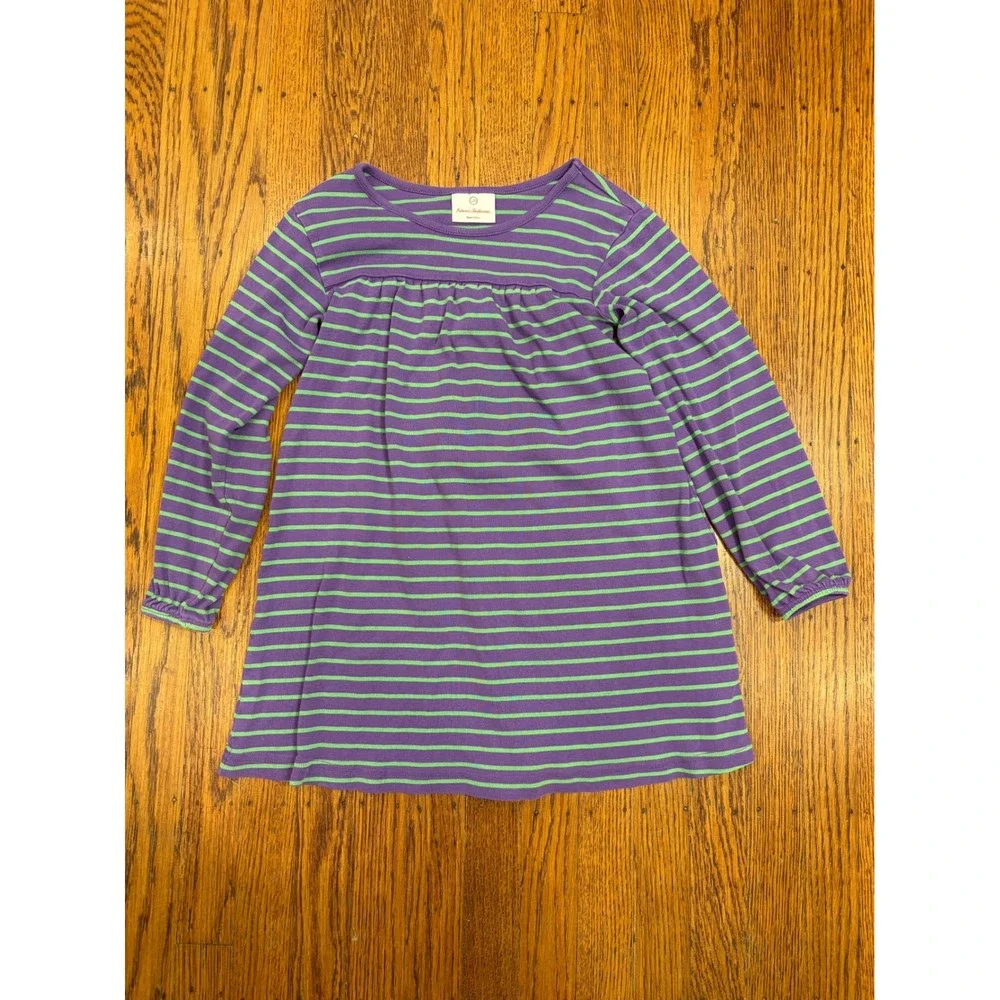 Hanna Andersson Girls Purple Green Striped Cotton Dress Size 120 6 7 Long Sleeve